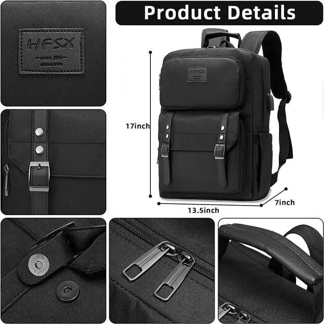 Alt view image 3 of 6 - HFSX Laptop Backpack Women Men College Backpacks Bookbag Vintage Backpack Book Bag Fashion Back Pack Anti Theft Travel Backpacks with Charging Port fit 15.6 Inch Laptop Black