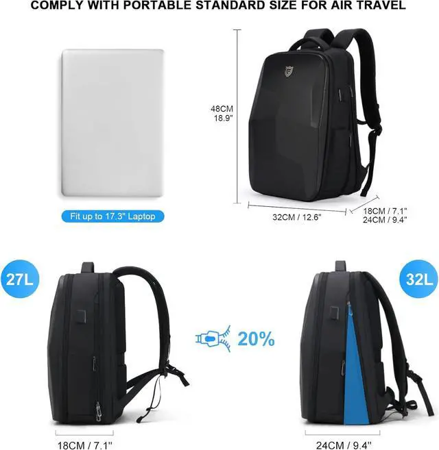 Alt view image 2 of 7 - FENRUIEN Hardshell Backpack Expandable,Anti Theft Laptop Backpack for Men with USB Port,Water Resistant Computer Bag 17.3 Inch for Travel/Business