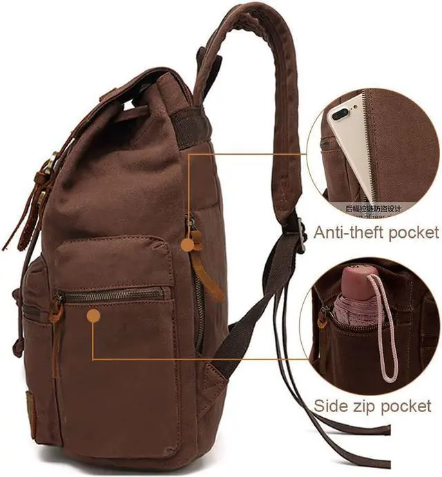 Alt view image 4 of 7 - AUGUR High Capacity Canvas Vintage Backpack - for School College Hiking Travel 12-17" Laptop