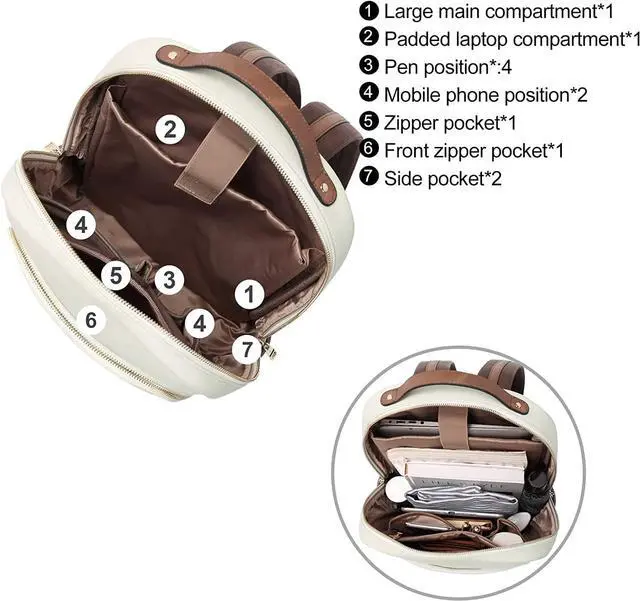 Alt view image 4 of 6 - CLUCI Leather Backpack for Women 15.6 inch Laptop Backpack Purse Computer Backpack for Travel Airplane Casual Daypack Beige with Brown