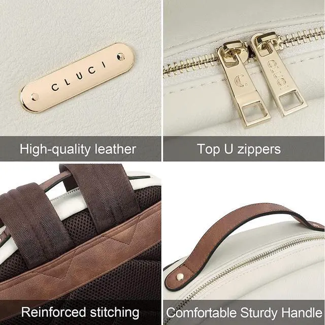 Alt view image 5 of 6 - CLUCI Leather Backpack for Women 15.6 inch Laptop Backpack Purse Computer Backpack for Travel Airplane Casual Daypack Beige with Brown