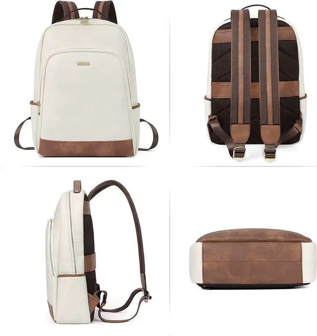 Alt view image 6 of 6 - CLUCI Leather Backpack for Women 15.6 inch Laptop Backpack Purse Computer Backpack for Travel Airplane Casual Daypack Beige with Brown