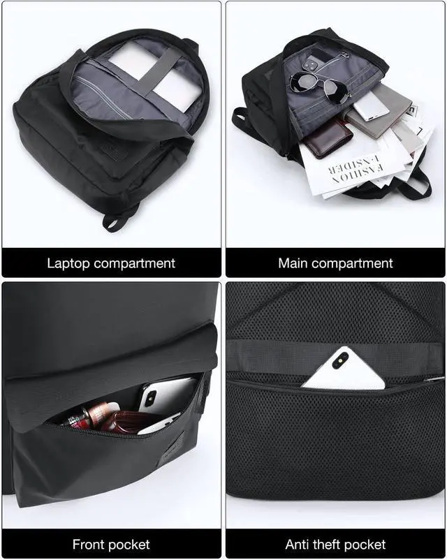 Alt view image 3 of 7 - HOMIEE Lightweight Stylish Casual Backpack, Water-Resistant Daypack Unisex Laptop Bookbag, 14-Inch Laptop Backpack for Women & Men, Travel/School/Casual/Work Backpack, Black