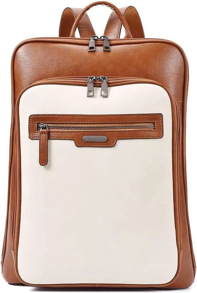 Main image of CLUCI Leather Laptop Backpack for Women 15.6 Inch Computer Travel Large Business Work Daypack Off-White with Brown