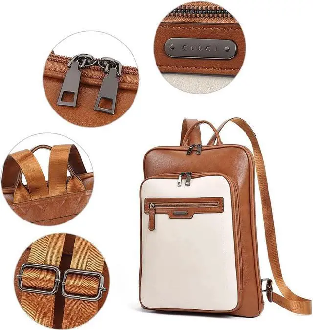 Alt view image 5 of 6 - CLUCI Leather Laptop Backpack for Women 15.6 Inch Computer Travel Large Business Work Daypack Off-White with Brown