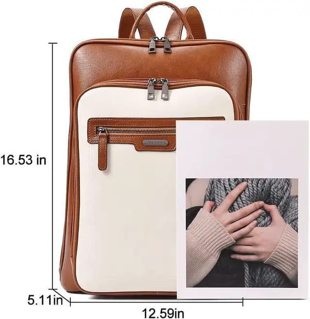 Alt view image 3 of 6 - CLUCI Leather Laptop Backpack for Women 15.6 Inch Computer Travel Large Business Work Daypack Off-White with Brown