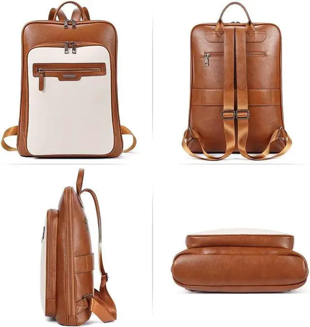Alt view image 6 of 6 - CLUCI Leather Laptop Backpack for Women 15.6 Inch Computer Travel Large Business Work Daypack Off-White with Brown