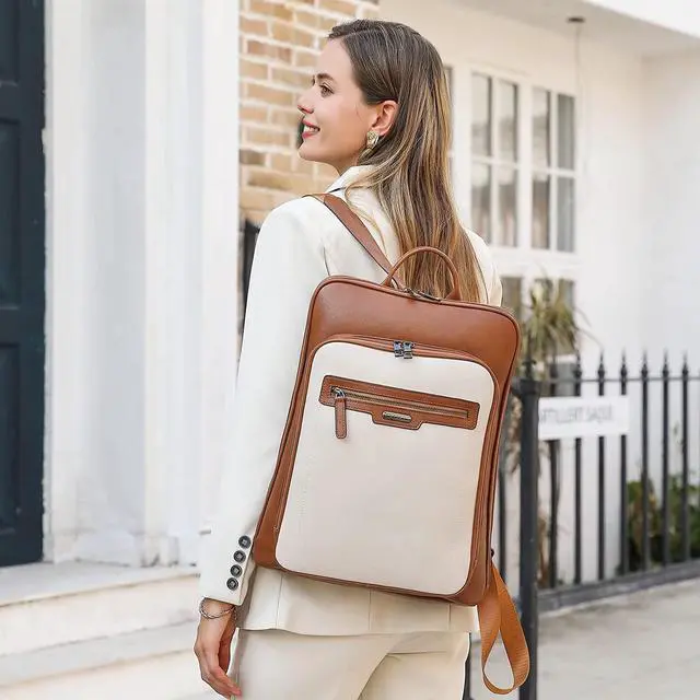 Alt view image 2 of 6 - CLUCI Leather Laptop Backpack for Women 15.6 Inch Computer Travel Large Business Work Daypack Off-White with Brown