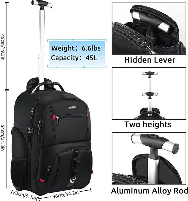 Alt view image 6 of 7 - ZOMFELT Rolling Backpack, Travel Backpack with Wheels, Carry on Luggage with 3 Travel Luggage Organizers, 17.3 Inch Rolling Laptop Backpack for Travel Work, Luggage Business Bag for Men Women
