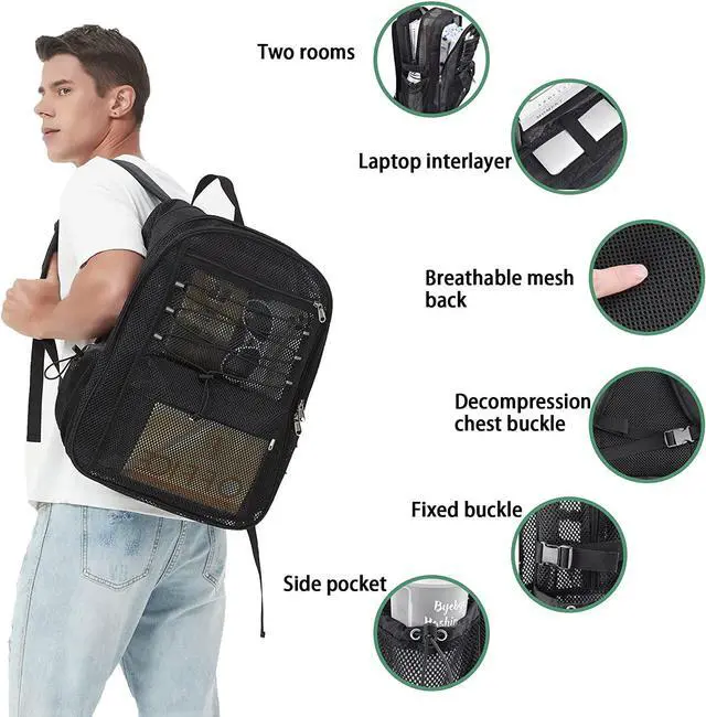 Alt view image 4 of 7 - Mesh Backpack Heavy Duty for School, 35L Extra Large Mesh Bookbag for Adults, See Through Mesh Black School Bag with Laptop Pocket for Work Swimming Beach Fitness Sport