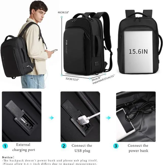 Alt view image 4 of 7 - FENRUIEN Expandable Travel Backpack 15.6 Inch with USB Laptop Backpack Anti Theft Waterproof Business Smart Backpack, Multipurpose Large Capacity Daypack College Bookbag for Men, Black