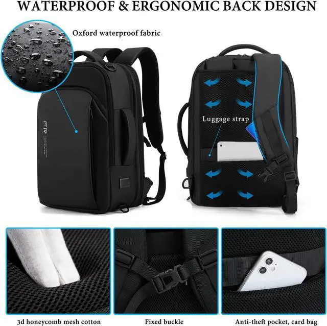 Alt view image 5 of 7 - FENRUIEN Expandable Travel Backpack 15.6 Inch with USB Laptop Backpack Anti Theft Waterproof Business Smart Backpack, Multipurpose Large Capacity Daypack College Bookbag for Men, Black