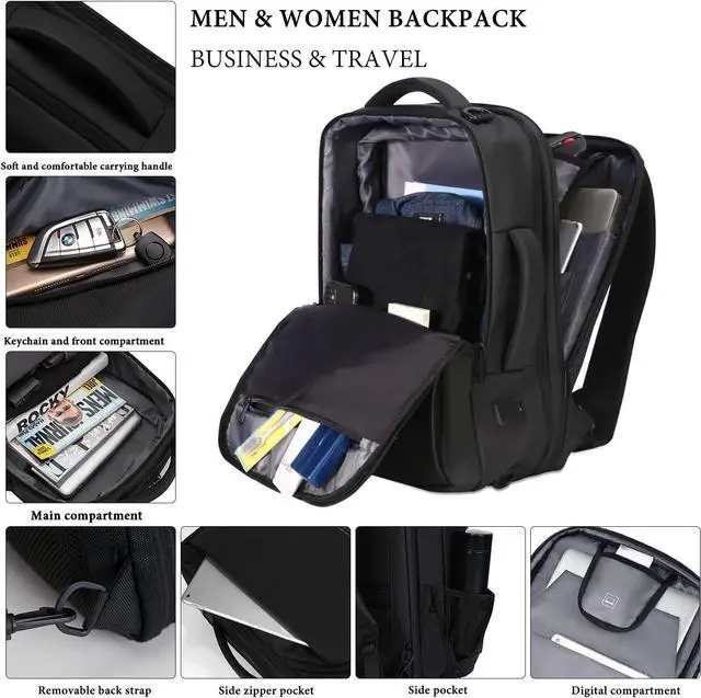 Alt view image 6 of 7 - FENRUIEN Expandable Travel Backpack 15.6 Inch with USB Laptop Backpack Anti Theft Waterproof Business Smart Backpack, Multipurpose Large Capacity Daypack College Bookbag for Men, Black