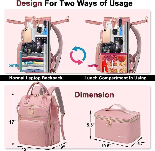Alt view image 4 of 7 - Lunch Backpack For Women,15.6 Inch Laptop Backpacks For Womens Back pack, Travel Backpacks,Work Backpack For Women (Pink)