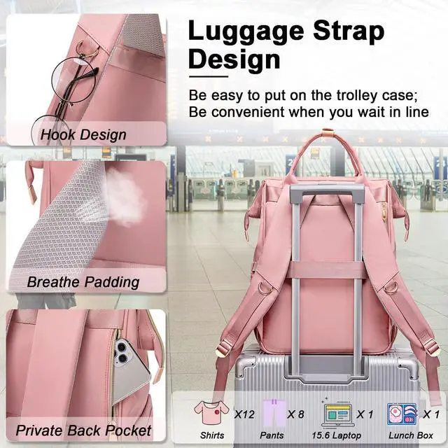 Alt view image 5 of 7 - Lunch Backpack For Women,15.6 Inch Laptop Backpacks For Womens Back pack, Travel Backpacks,Work Backpack For Women (Pink)