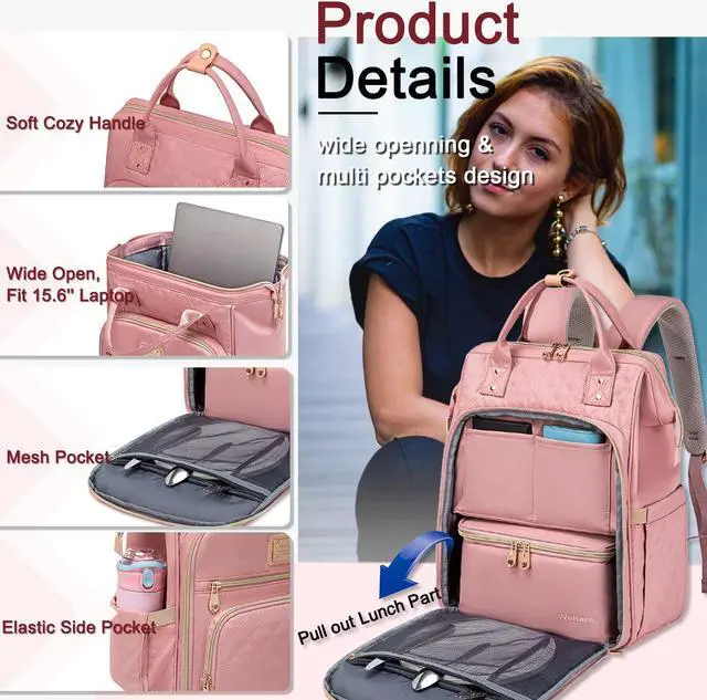 Alt view image 7 of 7 - Lunch Backpack For Women,15.6 Inch Laptop Backpacks For Womens Back pack, Travel Backpacks,Work Backpack For Women (Pink)