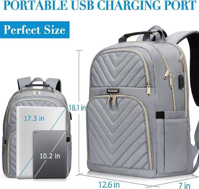 Alt view image 4 of 7 - Laptop Backpack for Women Men, Large School Backpack for Teens Boys Girls, 17.3 Inch Quilted Laptop Bag Bookbag College Bag with USB Charging Port, Work Travel Casual Daypacks, Grey(over 3 years old)