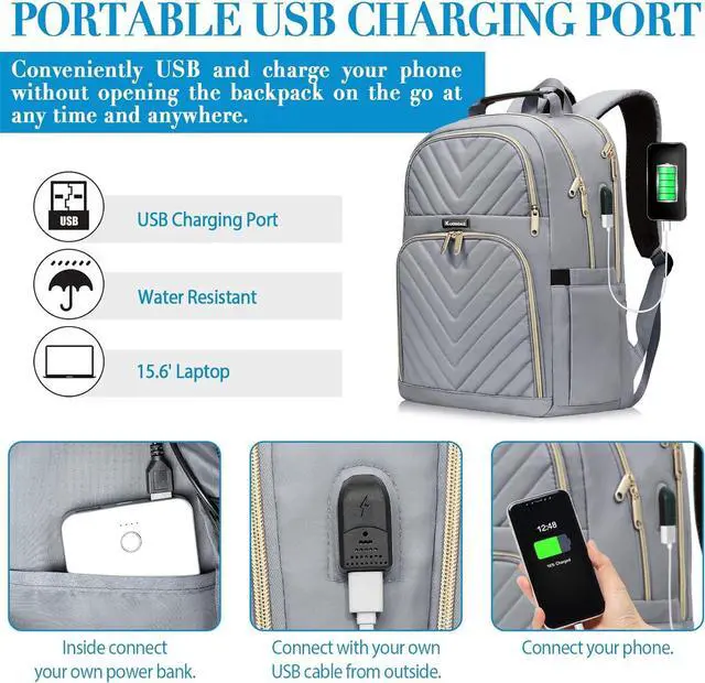 Alt view image 3 of 7 - Laptop Backpack for Women Men, Large School Backpack for Teens Boys Girls, 17.3 Inch Quilted Laptop Bag Bookbag College Bag with USB Charging Port, Work Travel Casual Daypacks, Grey(over 3 years old)