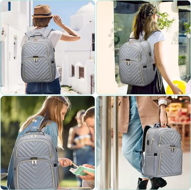 Alt view image 7 of 7 - Laptop Backpack for Women Men, Large School Backpack for Teens Boys Girls, 17.3 Inch Quilted Laptop Bag Bookbag College Bag with USB Charging Port, Work Travel Casual Daypacks, Grey(over 3 years old)