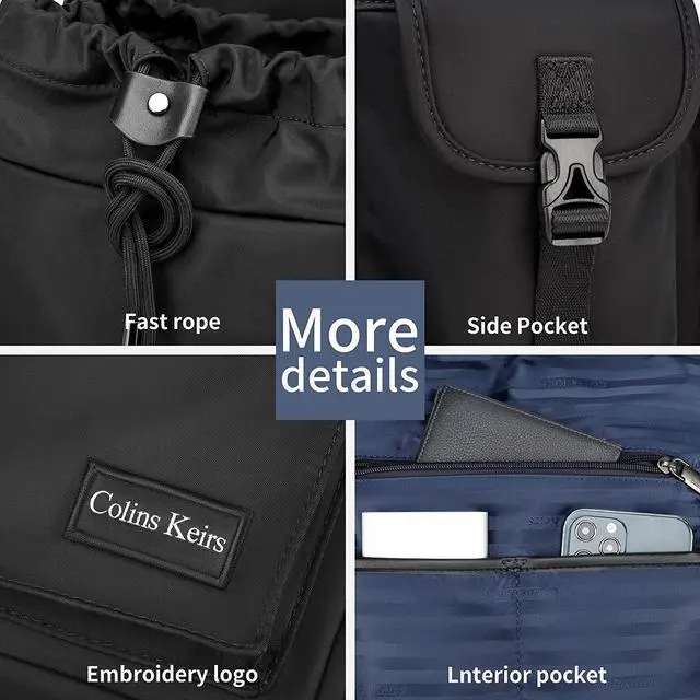 Alt view image 6 of 7 - Black backpack for men, 16 inch laptop backpack with computer compartment, Drawstring slim waterproof tech backpack for travel, work, college or daily use, Large 30 L