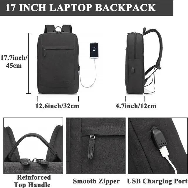 Alt view image 2 of 7 - VASCHY 17 inch Laptop Backpack for Men with USB Port Lightweight Slim Business Backpack