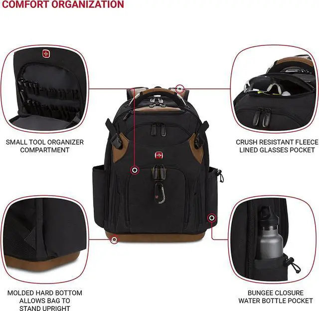 Alt view image 4 of 7 - SwissGear Tool Bag Backpack, Fits Up to 17-Inch Laptop, Work Pack PRO, Black/Brown Canvas