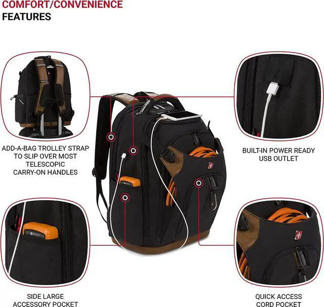 Alt view image 6 of 7 - SwissGear Tool Bag Backpack, Fits Up to 17-Inch Laptop, Work Pack PRO, Black/Brown Canvas
