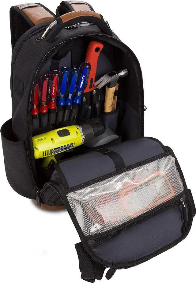 Alt view image 7 of 7 - SwissGear Tool Bag Backpack, Fits Up to 17-Inch Laptop, Work Pack PRO, Black/Brown Canvas
