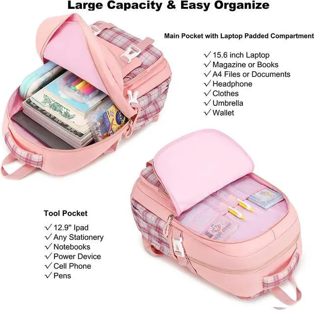 Alt view image 4 of 7 - Girls Backpack 15.6 Inch Laptop School Bag Cute Kids Elementary College Backpacks Large Bookbags for Teen Girl Women Students Anti Theft Travel Daypack- Pink