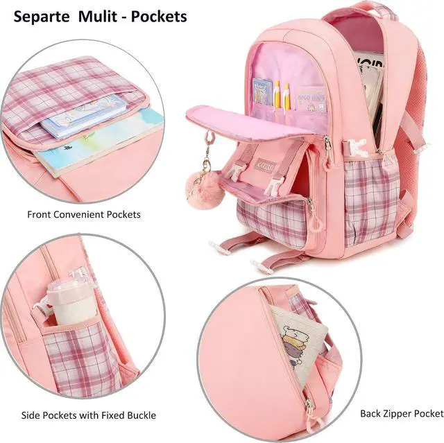 Alt view image 5 of 7 - Girls Backpack 15.6 Inch Laptop School Bag Cute Kids Elementary College Backpacks Large Bookbags for Teen Girl Women Students Anti Theft Travel Daypack- Pink