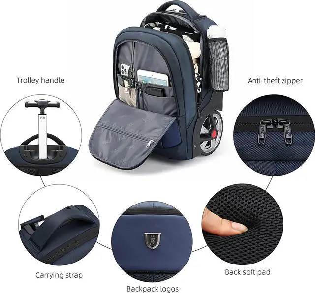 Alt view image 3 of 6 - Rolling Backpack, Waterproof Backpack with Wheels for Business, Travel Commuter, Carry on Backpack with Laptop Compartment, Fit 15.6 Inch Laptop, Wheeled Backpack for Adults Women Men (Blue, 20inch)