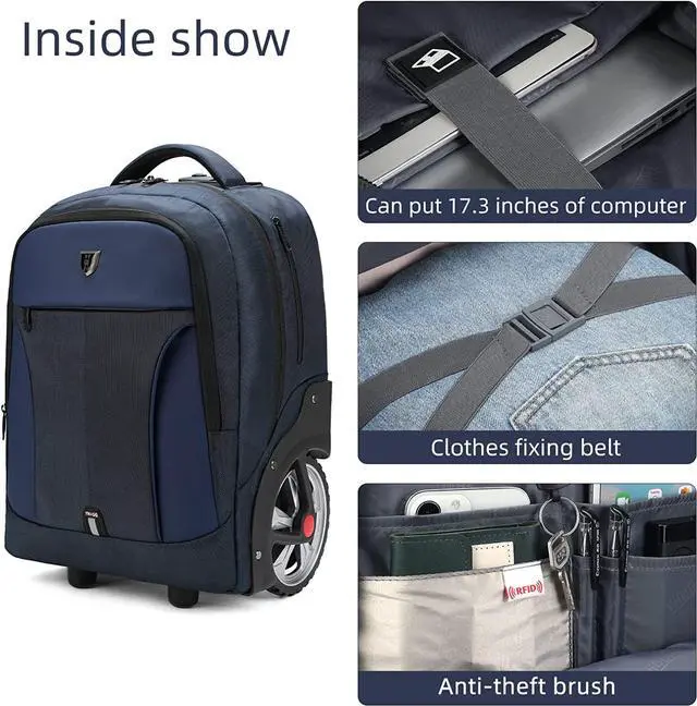 Alt view image 4 of 6 - Rolling Backpack, Waterproof Backpack with Wheels for Business, Travel Commuter, Carry on Backpack with Laptop Compartment, Fit 15.6 Inch Laptop, Wheeled Backpack for Adults Women Men (Blue, 20inch)