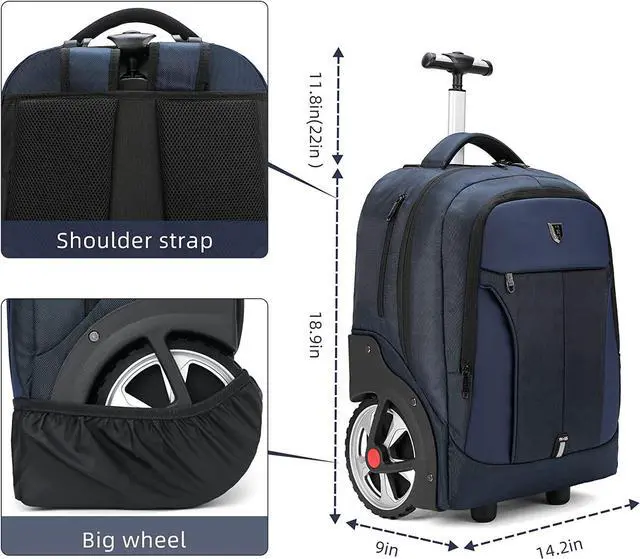 Alt view image 5 of 6 - Rolling Backpack, Waterproof Backpack with Wheels for Business, Travel Commuter, Carry on Backpack with Laptop Compartment, Fit 15.6 Inch Laptop, Wheeled Backpack for Adults Women Men (Blue, 20inch)