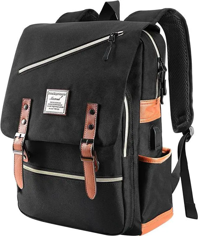 Main image of Vintage Laptop Backpack with USB Charging Port, Backpack for College Fits up to 15.6 Inch Laptop Computer Backpack Casual Rucksack for Men Women (Black)