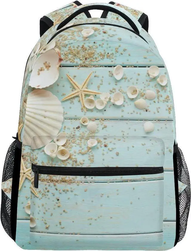Main image of School Backpacks Book Bag for Boys Girls Travel Hiking Camping Daypack Work Laptop Backpack, Beach Ocean Theme Starfish Seashell Wooden Style