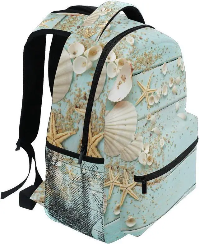 Alt view image 2 of 6 - School Backpacks Book Bag for Boys Girls Travel Hiking Camping Daypack Work Laptop Backpack, Beach Ocean Theme Starfish Seashell Wooden Style