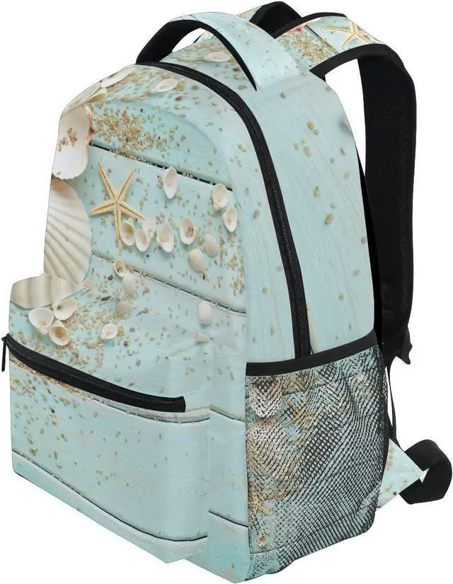 Alt view image 3 of 6 - School Backpacks Book Bag for Boys Girls Travel Hiking Camping Daypack Work Laptop Backpack, Beach Ocean Theme Starfish Seashell Wooden Style