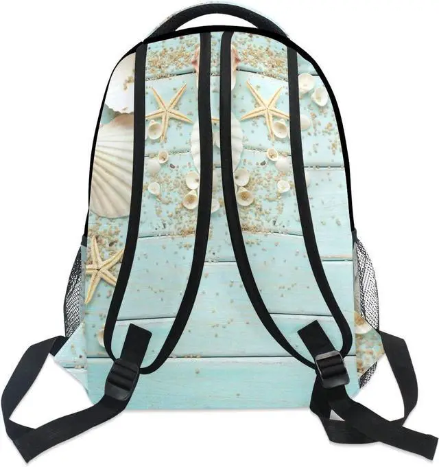 Alt view image 5 of 6 - School Backpacks Book Bag for Boys Girls Travel Hiking Camping Daypack Work Laptop Backpack, Beach Ocean Theme Starfish Seashell Wooden Style