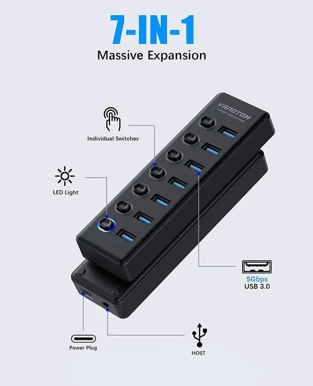 Alt view image 2 of 7 - USB 3.0 Hub, 7-Port USB Hub Splitter with LED Individual On/Off Switches and 3ft Extended Long Cable for Laptop, MacBook, Surface Pro, PS4/5, Flash Drive, HDD