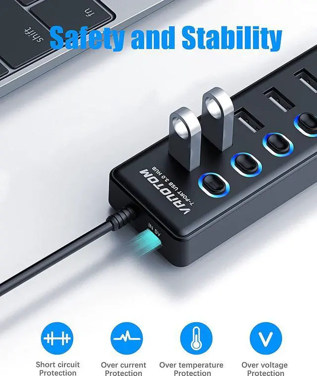 Alt view image 4 of 7 - USB 3.0 Hub, 7-Port USB Hub Splitter with LED Individual On/Off Switches and 3ft Extended Long Cable for Laptop, MacBook, Surface Pro, PS4/5, Flash Drive, HDD
