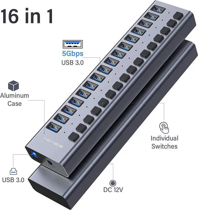 Alt view image 2 of 7 - Powered USB Hub,16 Ports USB 3.0 Data Hub, Individual On/Off Switches, 12V7.5A 90W Power Adapter, USB Hub 3.0 Splitter Extension for MacBook, Mac Pro/Mini, iMac, Surface Pro Laptop/PC