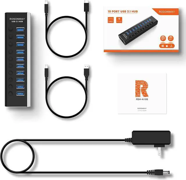 Alt view image 7 of 7 - Powered USB Hub, Rosonway 10 Port USB 3.1/3.2 Gen 2 Hub 10Gbps with 36W (12V/3A) Power Adapter, Type A and Type C Cables, Aluminum USB C Hub Splitter for PC and Laptop (RSH-A10S)