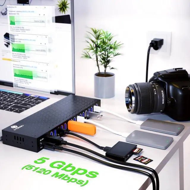 Alt view image 2 of 7 - USB 3 0 Hub - 16 Ports Powered USB Hub - Desktop USB Expander Hub - up to 5Gbps High-Speed USB Splitter for Multiple Devices - Aluminum Alloy Multiple USB Hub w/AC Adapter for Laptop Phone Tablet PC