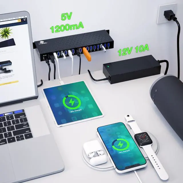 Alt view image 3 of 7 - USB 3 0 Hub - 16 Ports Powered USB Hub - Desktop USB Expander Hub - up to 5Gbps High-Speed USB Splitter for Multiple Devices - Aluminum Alloy Multiple USB Hub w/AC Adapter for Laptop Phone Tablet PC