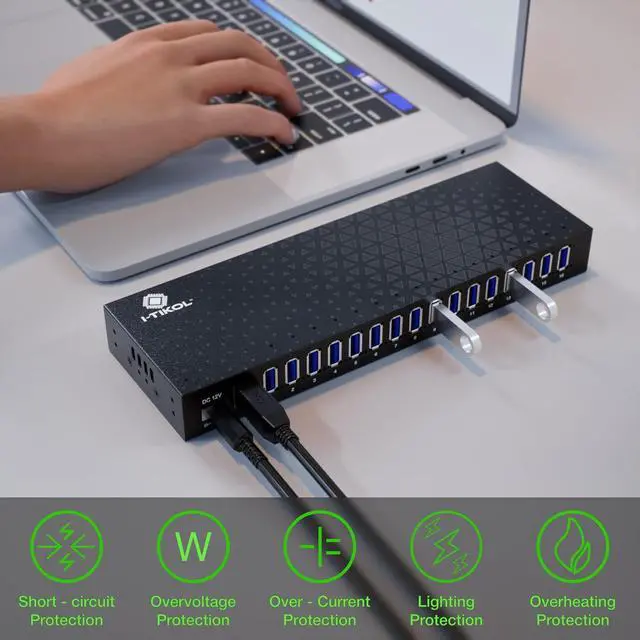 Alt view image 4 of 7 - USB 3 0 Hub - 16 Ports Powered USB Hub - Desktop USB Expander Hub - up to 5Gbps High-Speed USB Splitter for Multiple Devices - Aluminum Alloy Multiple USB Hub w/AC Adapter for Laptop Phone Tablet PC