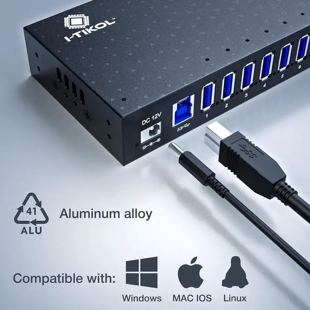 Alt view image 6 of 7 - USB 3 0 Hub - 16 Ports Powered USB Hub - Desktop USB Expander Hub - up to 5Gbps High-Speed USB Splitter for Multiple Devices - Aluminum Alloy Multiple USB Hub w/AC Adapter for Laptop Phone Tablet PC