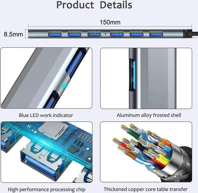 Alt view image 6 of 6 - USB Hub 3.0 with 7 Ports, VIENON Aluminium USB C to USB 3.0 Hub for MacBook, Mac Pro/Mini, iMac, Ps4, PS5, Surface Pro,Flash Drive, Samsung