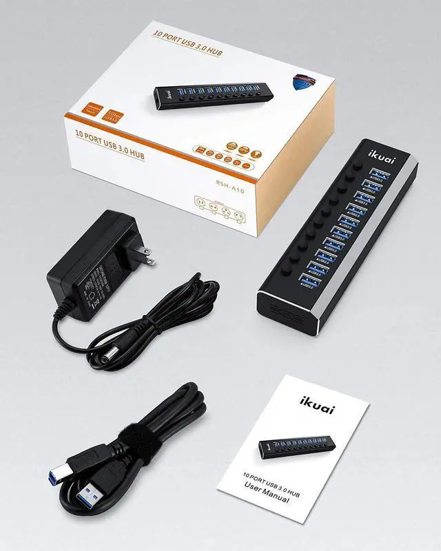 Alt view image 7 of 7 - Powered USB Hub 3.0 Aluminum 10 Port USB 3.0 Data Hub Splitter with 12V/3A 36W Power Adapter and Individual On/Off Switches for Desktop PC Laptop and More