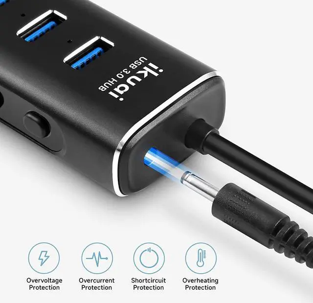 Alt view image 6 of 7 - Powered USB 3.0 /USB C Hub, ikuai Aluminium 7-Port USB Hub Splitter with AC Adapter LED Individual On/Off Switches and 3.3ft Extended Long Cable for Laptop, Mac, PC, Flash Drive, Mobile HDD