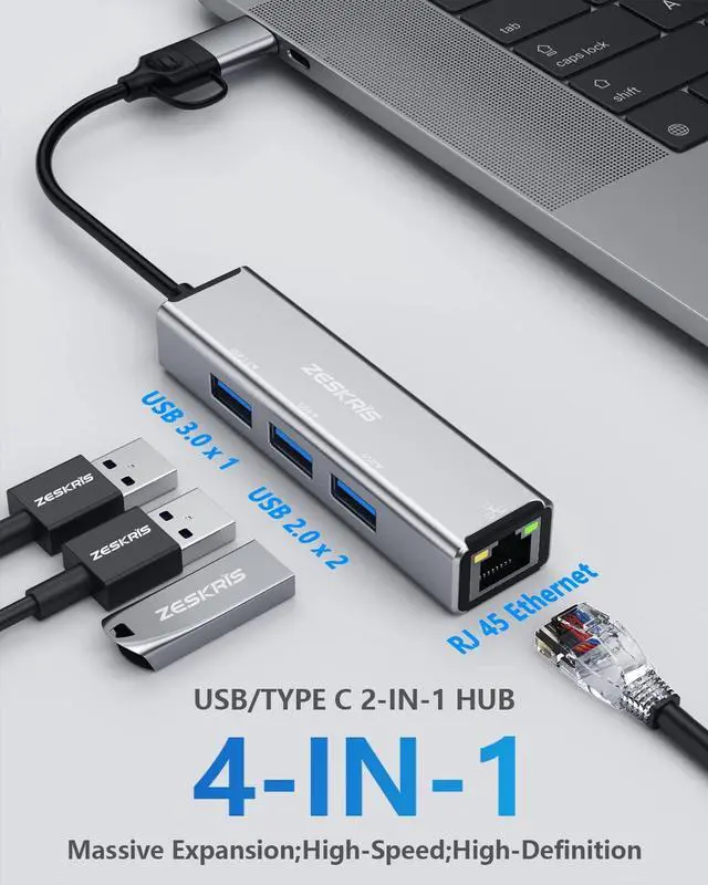 Alt view image 2 of 7 - USB C Hub, ZESKRIS 4-Port USB 3.0 Hub USB C Adapter Splitter with 1 USB 3.0, 2 USB 2.0, RJ45 Ethernet for MacBook Pro/Air, Mac Dongle, Laptop, Steam Deck, PS4/PS5, Dell XPS, ipad Pro and More